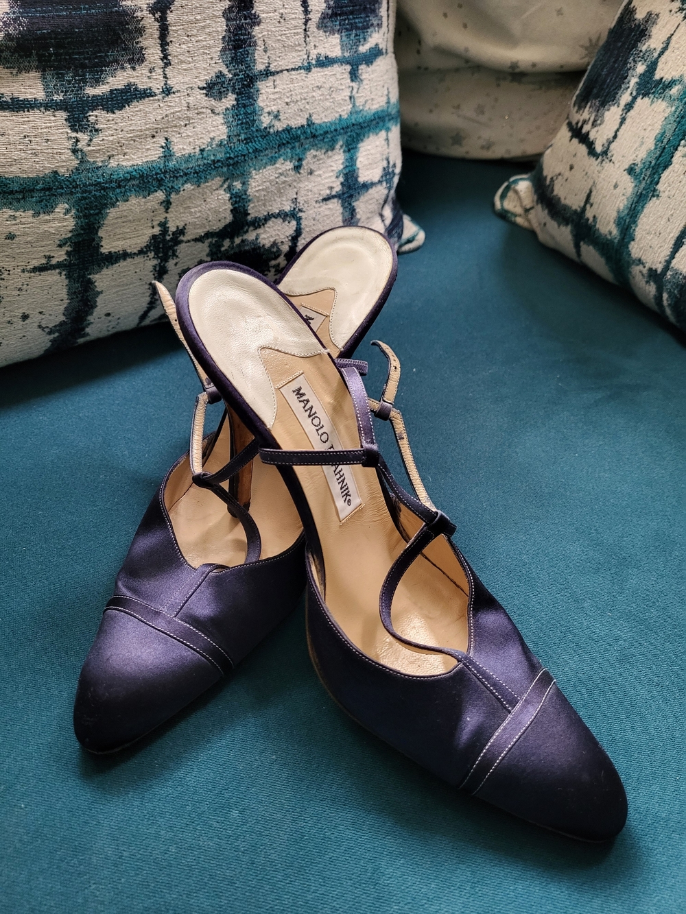 Manolo Blahnik Navy Satin T-Strap Pumps